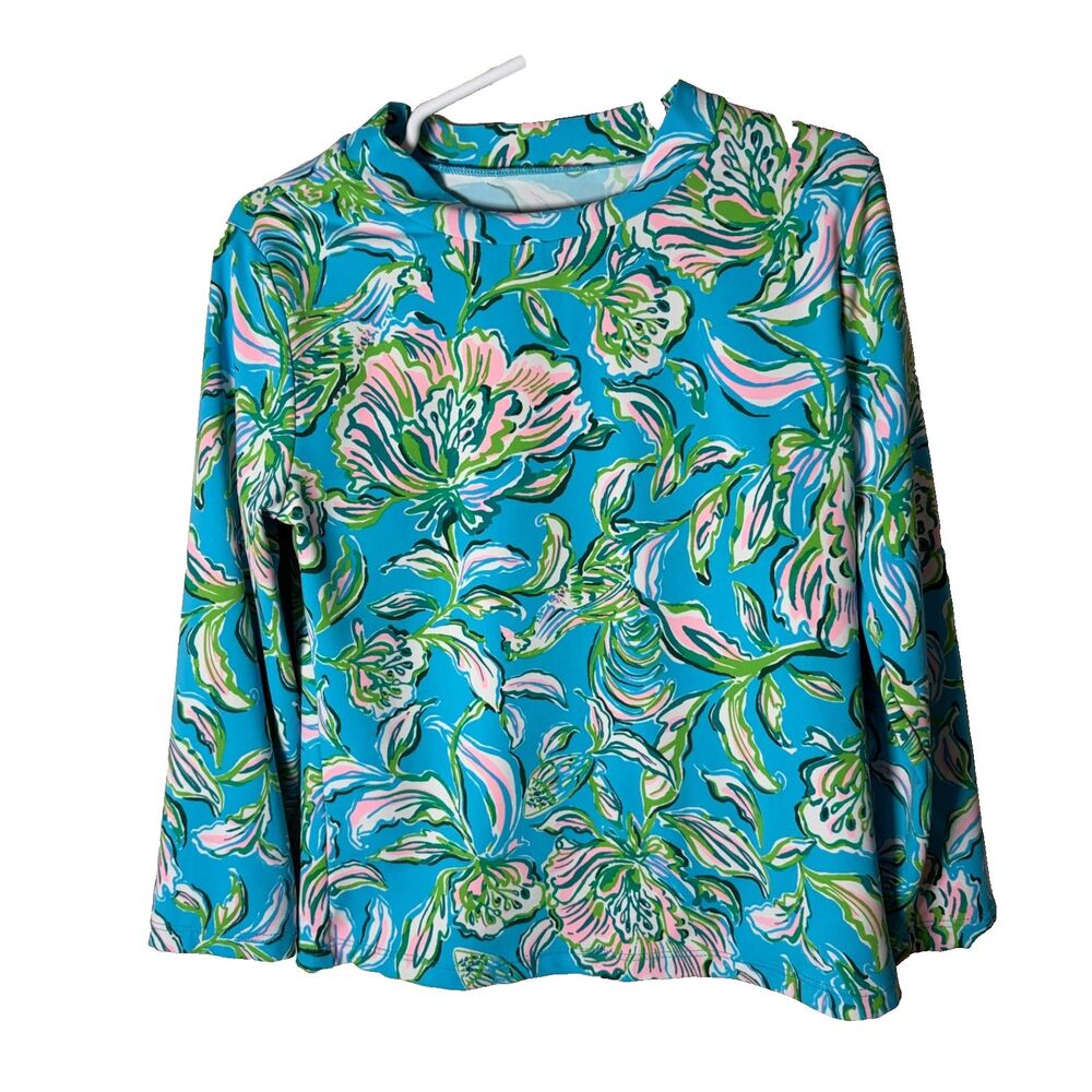 Lilly Pulitzer Rash Guard Top Girl's 8 Blue Colorful Floral Long Sleeve